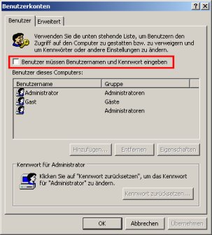 Passwort für Useranmeldung deaktivieren