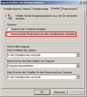 Passwort nach Standby deaktivieren
